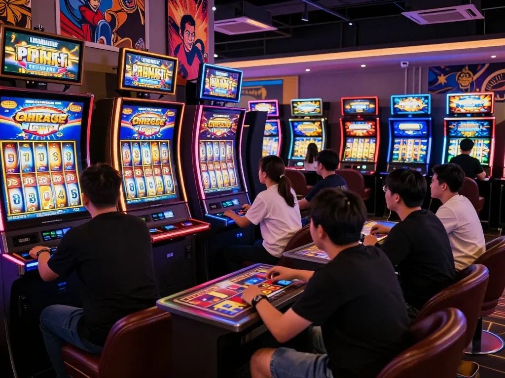 Kerajaanslot gaming environment with players enjoying colorful slot machines and lively action.