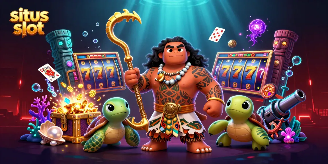 Menangkan hadiah besar di situs slot dengan ilustrasi 3D yang menampilkan dewa demigod Maui dan simbol jackpot.