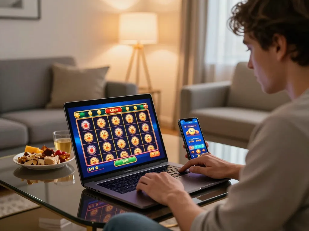 Player enjoying situs gacor slots on a laptop in a cozy home setting with vibrant lighting.