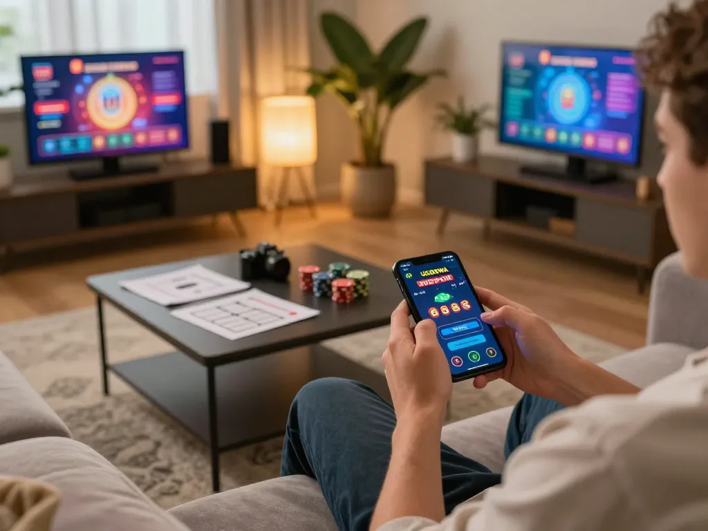 Player engaging with the UGDEWA casino app on a smartphone in a cozy living room setting