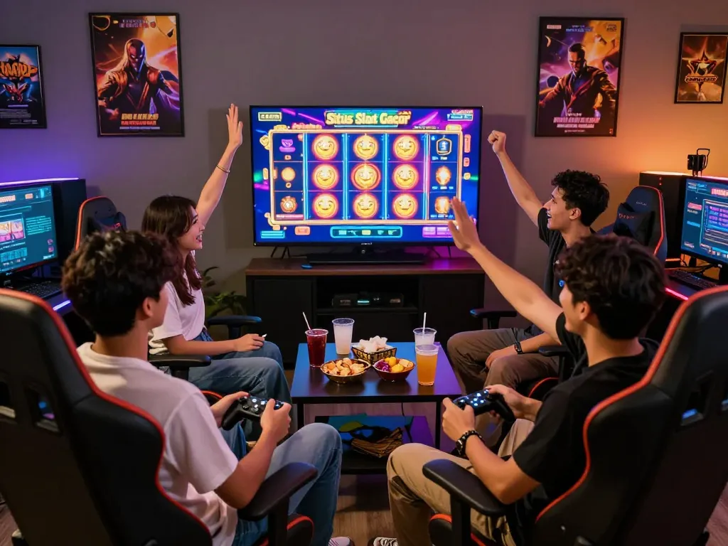 Sekelompok teman menikmati pengalaman bermain Situs Slot Gacor dengan visual yang hidup.
