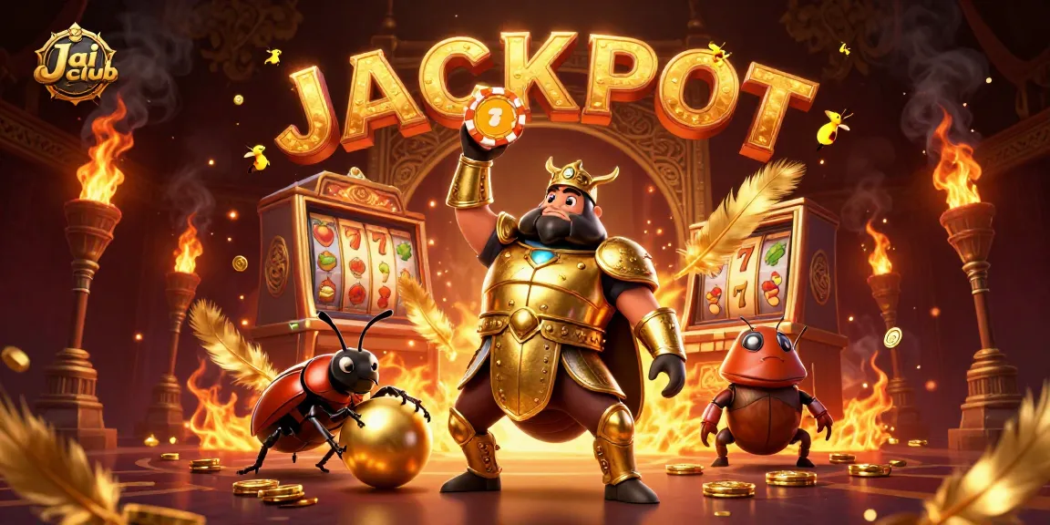 Experience big wins at Jai club with a herculean beetle celebrating a jackpot in a vibrant casino