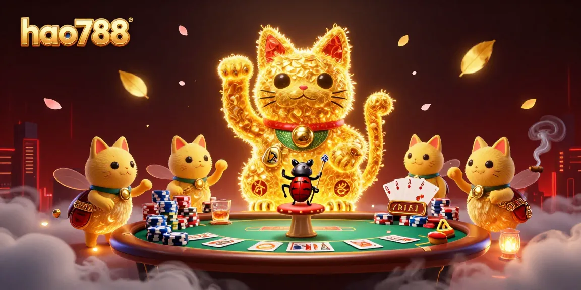 HAO788 menyuguhkan slot game terpercaya dengan gambar kucing hoki yang anggun dikelilingi simbol kasino.