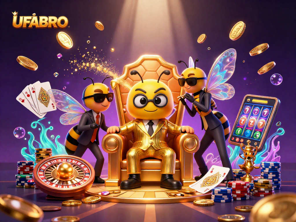 Engage with excitement at UFABRO with buzzing bumblebee mob boss amid golden coins and poker chips.