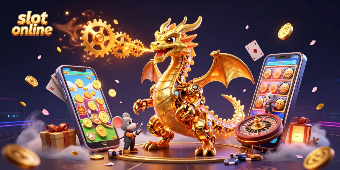 Mainkan slot online dengan tampilan 3D penuh warna yang menampilkan naga emas dan barang kasino menarik.