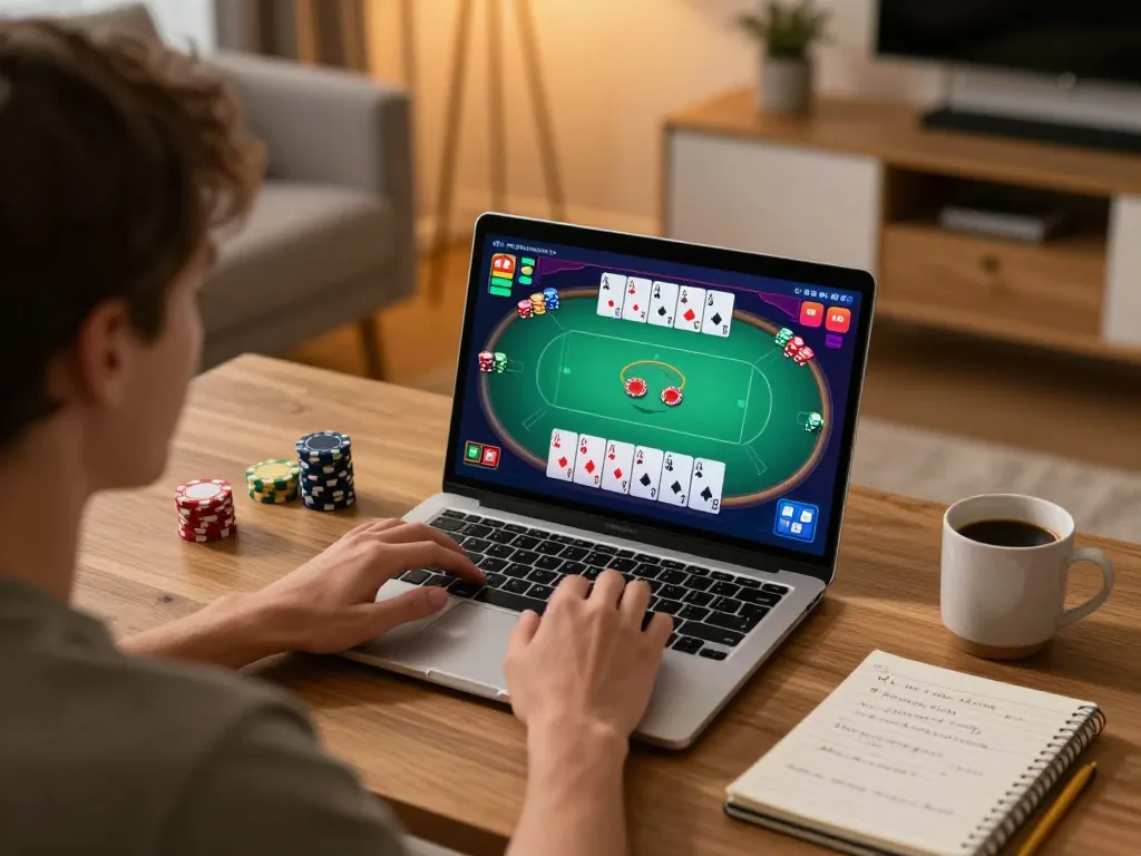 Engaging online poker game session featuring Chatgpt caricature creation with strategic notes in cozy home