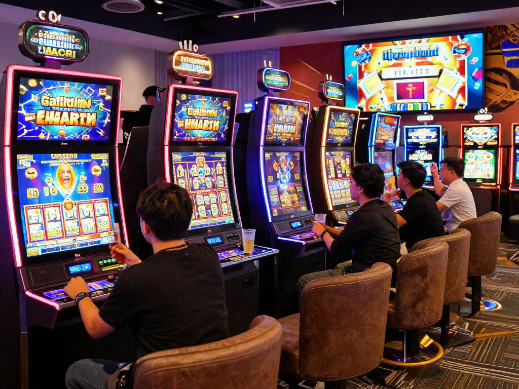 Excited players enjoying slot gacor games in a vibrant casino setting.
