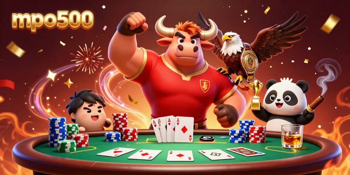 MPO500 platform showcases vibrant mascot celebration with poker and festive elements.