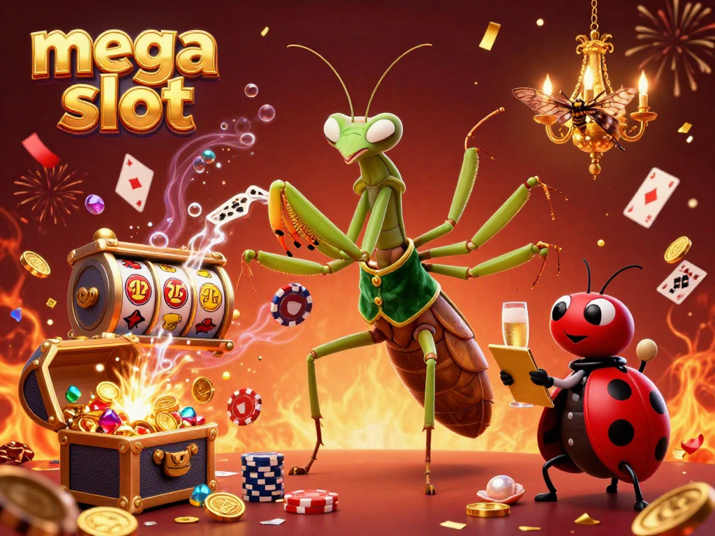 Engage in thrilling mega slot gameplay with vibrant characters, overflowing with gold coins and colorful gems.