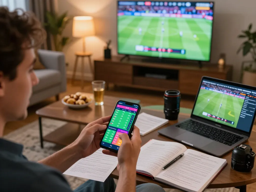 Player engaging with 789win app for live sports betting during an exciting football match at home
