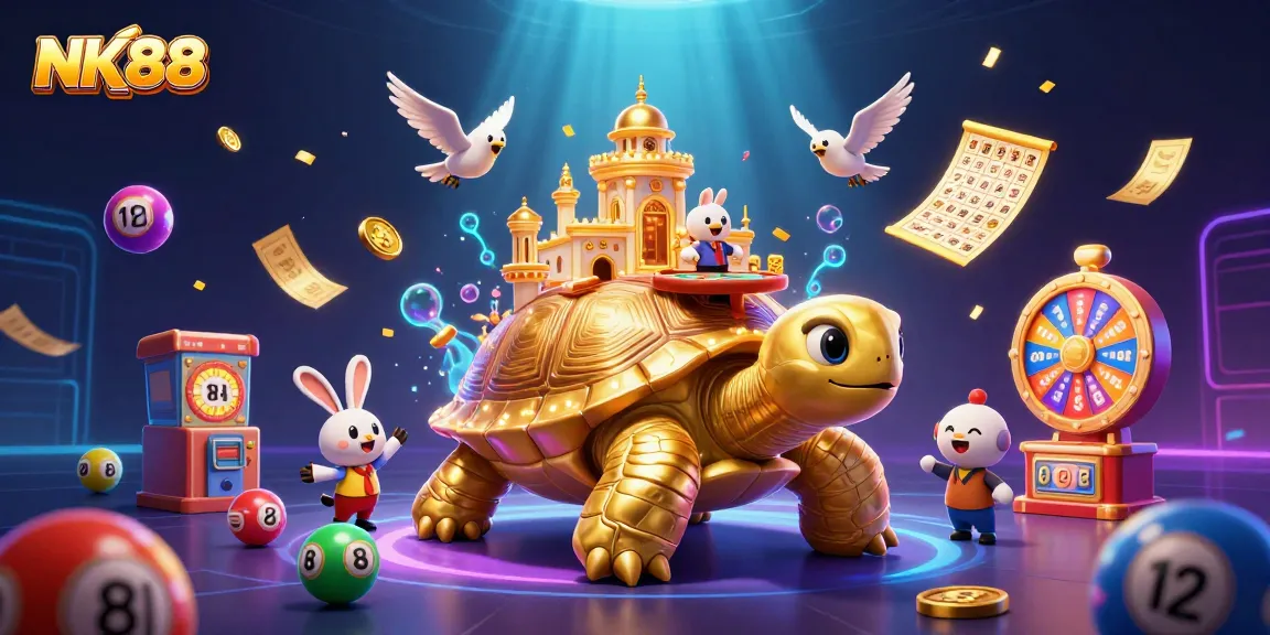 Experience the vibrant gaming world of NK88 with a golden tortoise casino and dynamic lottery elements.