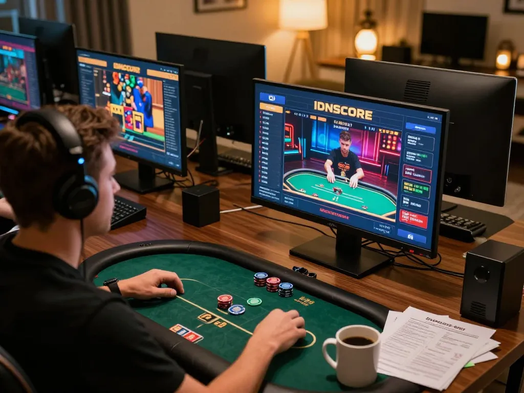 IDNSCORE player enjoying poker at a modern home office with strategic gameplay focus