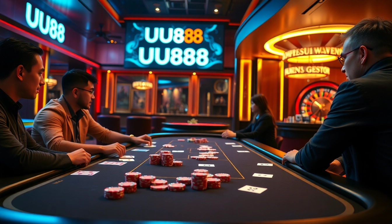Exciting casino atmosphere at UU88 with players betting at a luxurious poker table.
