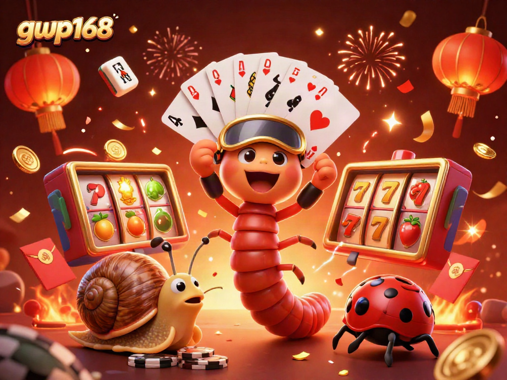 GWP168 menampilkan dealer kartun dengan ratusan tangan kecil dan chip besar dalam suasana meriah.