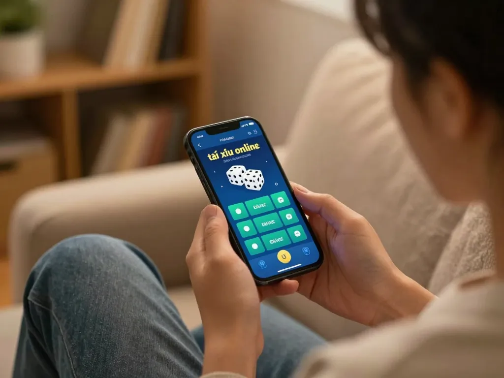 Playing the app tài xỉu online on a smartphone in a cozy home setting with warm lighting.