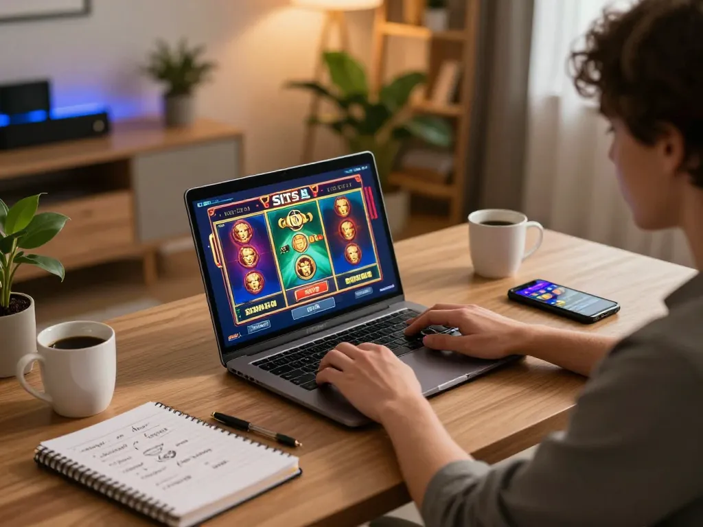A person engaged in situs slot gameplay on a laptop in a modern home office, conveying strategic gambling.