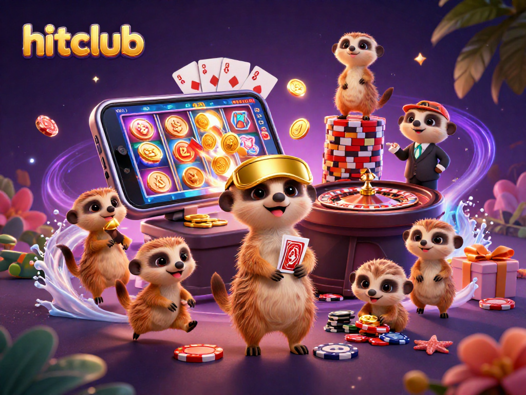 Engaging meerkats managing the hitclub casino with colorful games and vibrant elements.