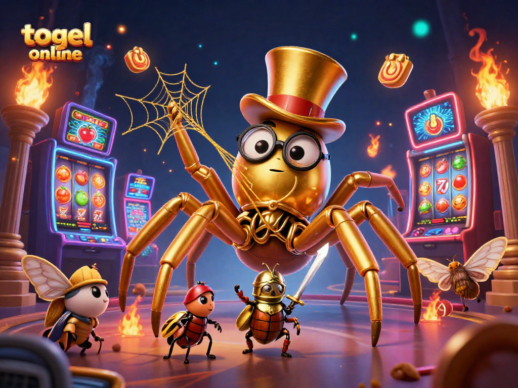 Engage in togel online action with a giant tarantula and brave beetle knight in a vibrant casino scene.