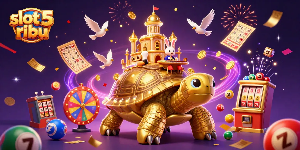 Spin to win with slot 5 ribu in this vibrant 3D casino illustration featuring dynamic gambling elements.