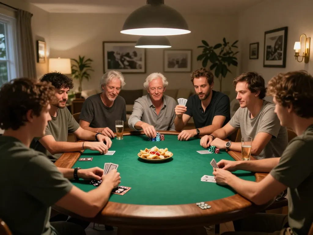 Engaged players enjoying ดูหนังออนไลน์ฟรี and competitive poker night in a cozy home setting
