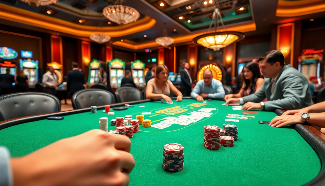 Players strategizing at a poker table in a vibrant casino showcasing https://go88vn.id/ excitement.