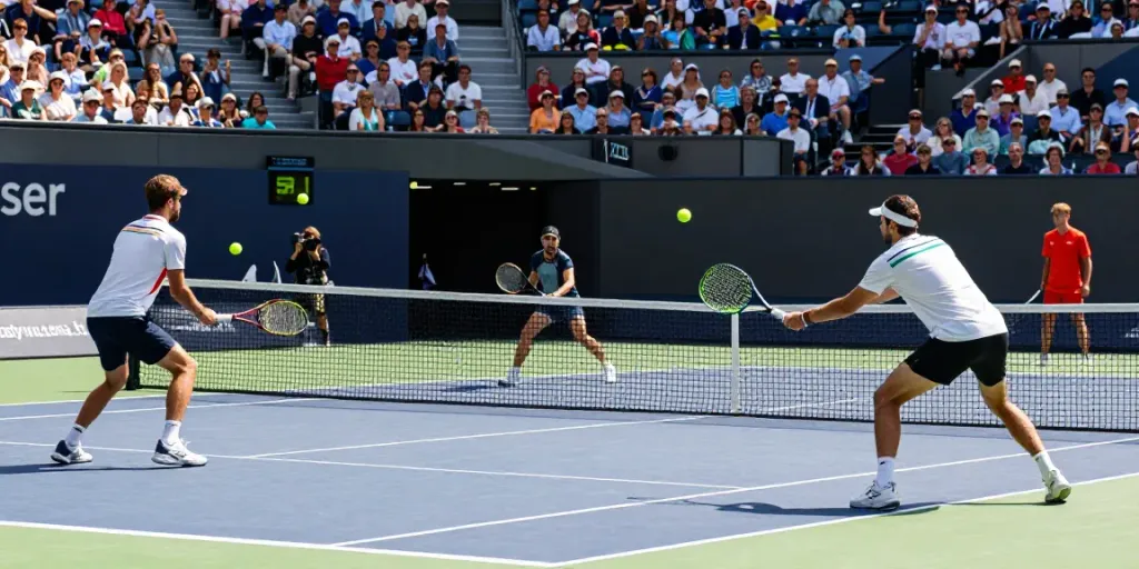 Exciting tennis match showcasing athletes in action for statymuzona.lt sports betting insights.