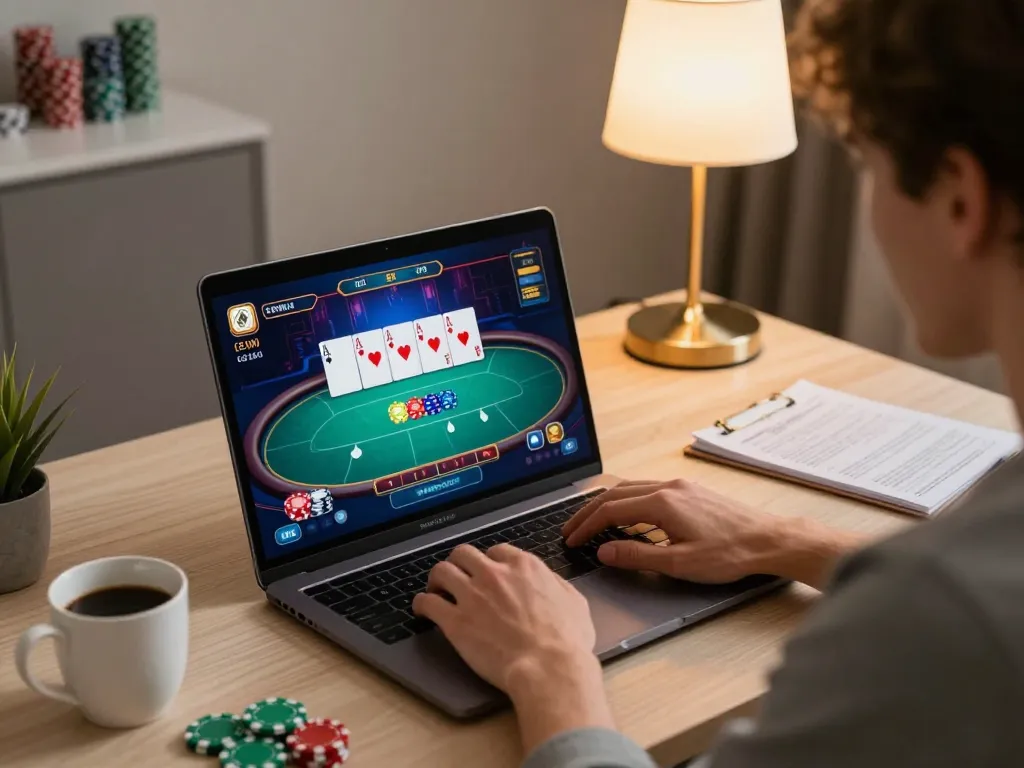 Person enjoying n188 đăng nhập for online poker on a laptop, leisurely gaming setup with strategy notes