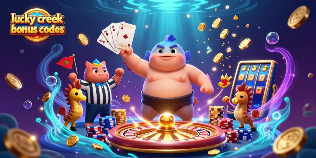 Claim Lucky Creek bonus codes with vibrant 3D casino characters and dynamic gaming elements.