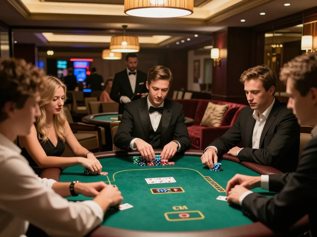 mm88 players enjoying a lively poker game surrounded by vibrant casino atmosphere