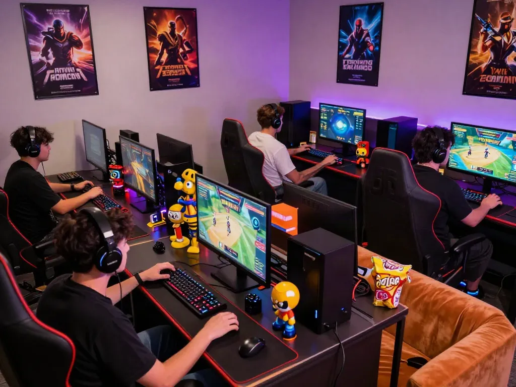 Engaged players in a vibrant akunjp online gaming lounge enjoying slot games.