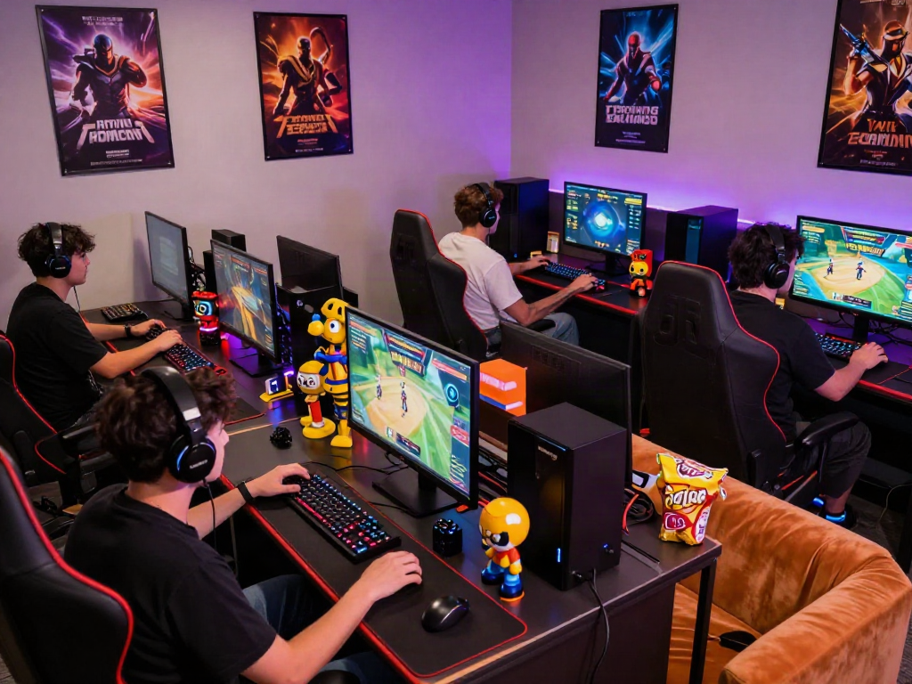 Engaged players in a vibrant akunjp online gaming lounge enjoying slot games.