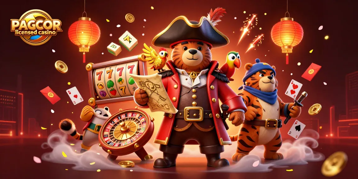 PAGCOR licensed casino scene with a pirate bear, tiger, and parrot amidst vibrant game elements.