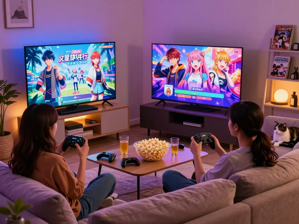 Enjoying interactive porngames on a cozy evening with snacks and ambient lighting.