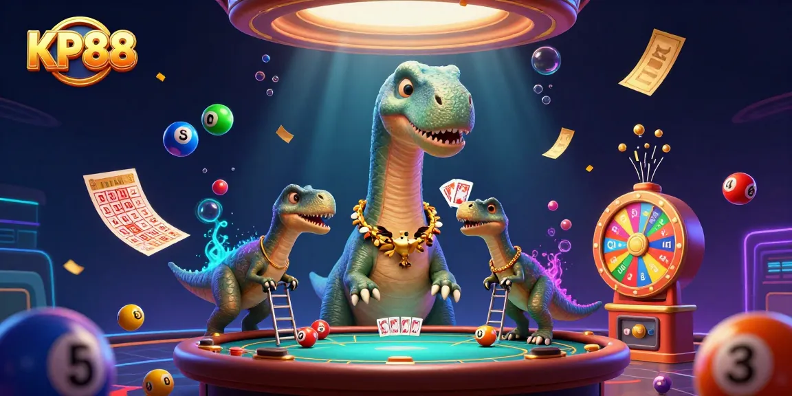Engage in exciting games at KP88 with a giant dinosaur and colorful lottery elements.