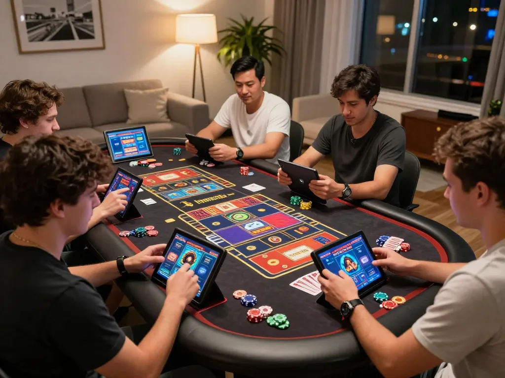 Players enjoying the OKFUN app for online casino gaming in a vibrant setting, showcasing a mix of strategy and entertainment.