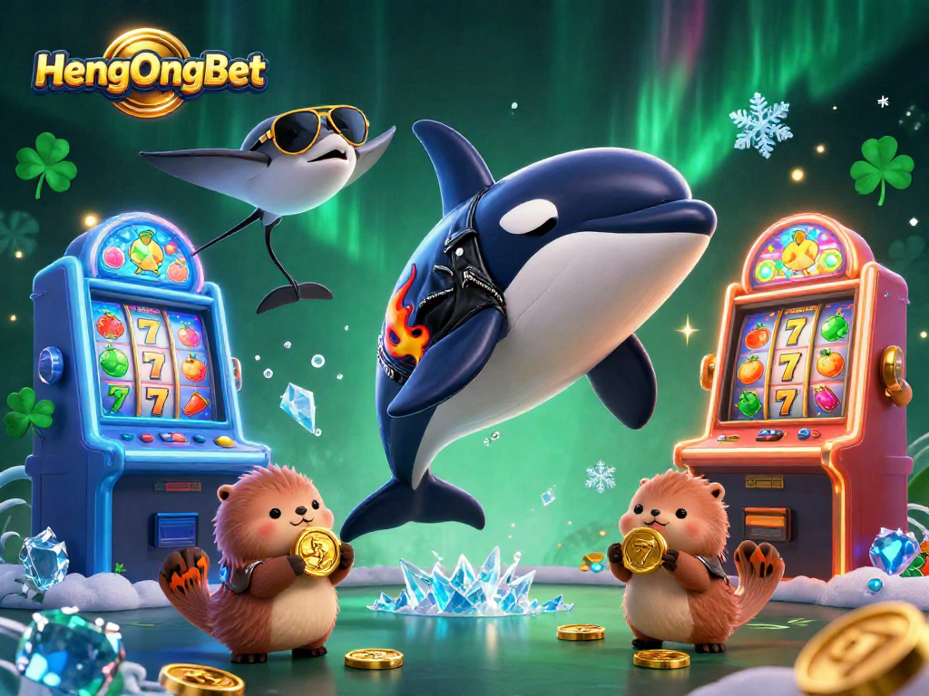 Engage with HengOngBet's vibrant casino illustration featuring an orca, stingray, and otters with golden coins.