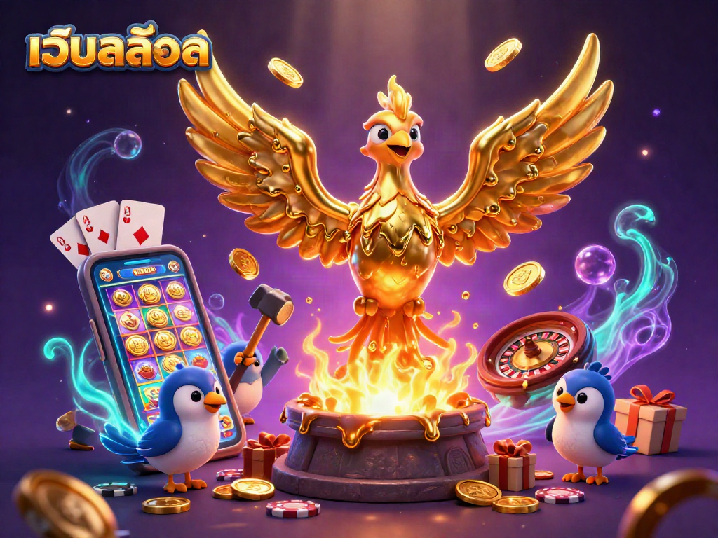 Engage with เว็บสล็อต and experience a gold-filled fantasy featuring a phoenix and slot game elements.