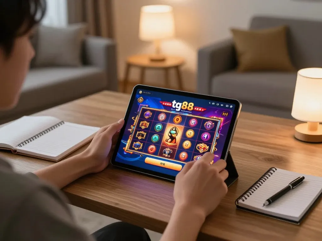 Player engaging with slot game on tg88 app in cozy home setting, showing vibrant gameplay.