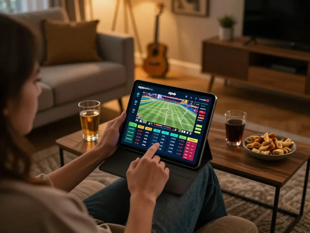 Engaging with mpo sport app on tablet while strategically placing bets in a cozy home environment.