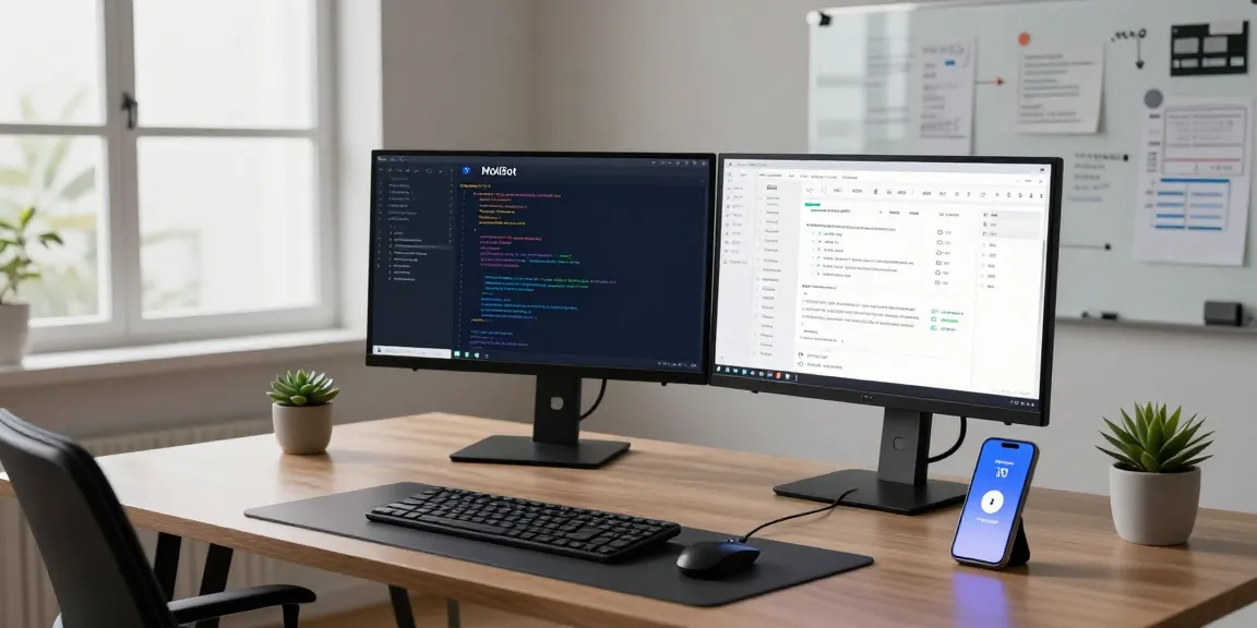 MoltBot AI displayed on multiple monitors in a tech-savvy home office, highlighting automation and productivity.