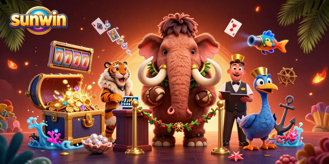 Experience sunwin's vibrant casino atmosphere with a woolly mammoth bouncer and saber-tooth tiger VIP guest.