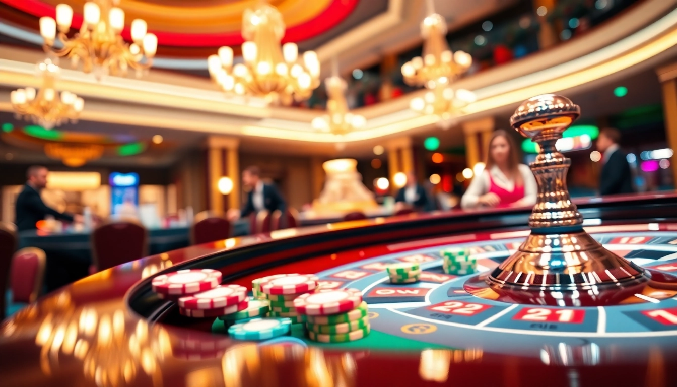 Permainan kasino bbni4d dengan meja roulette yang penuh warna dan suasana mewah.