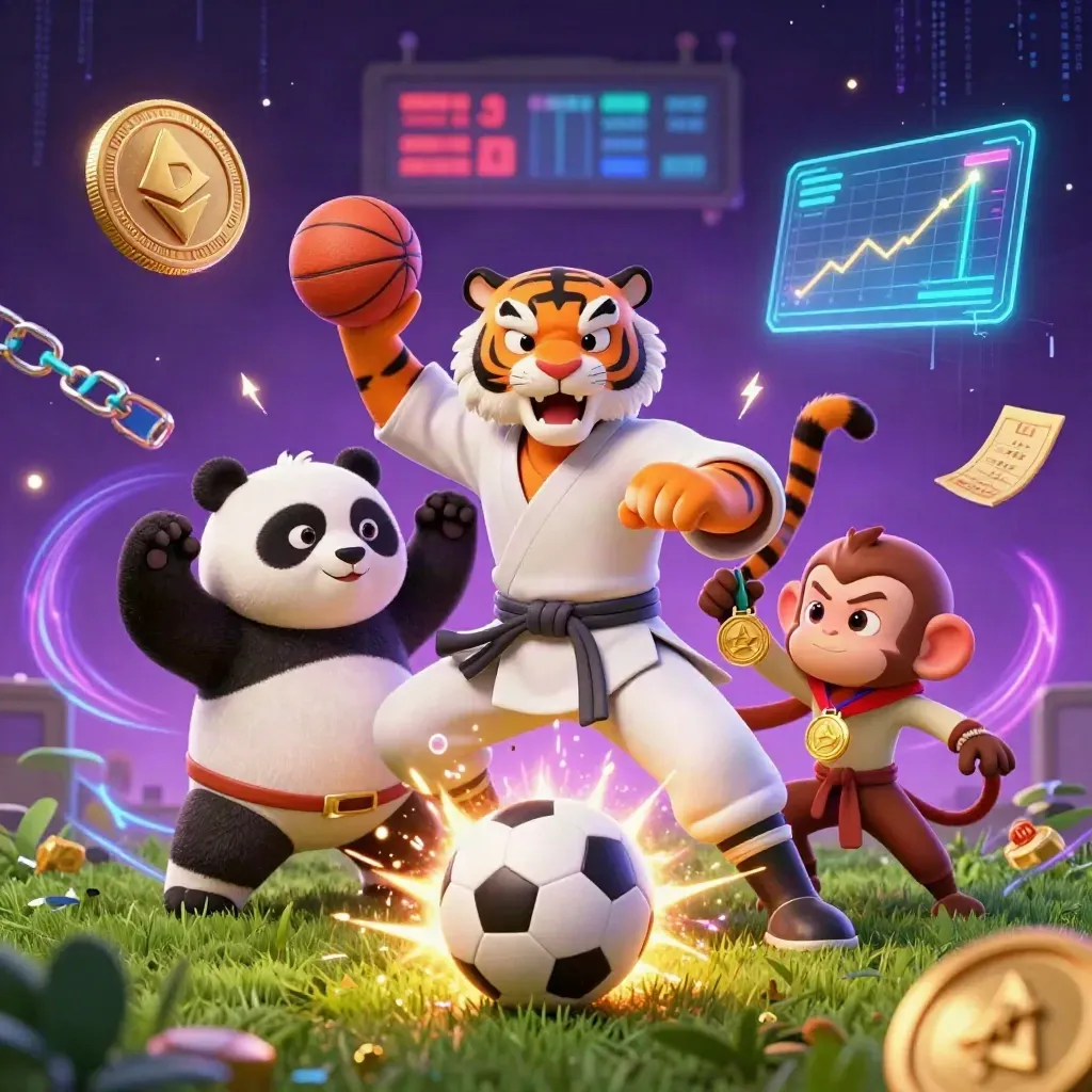 Tiger, panda and monkey amid neon casino football chaos with coins and a flying ball