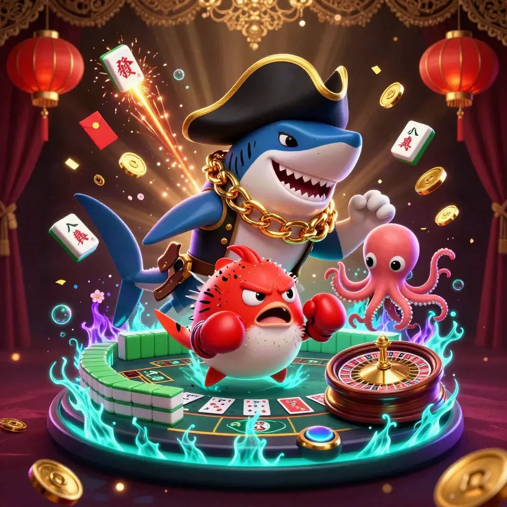 Shark pirate, boxing pufferfish, and coin-juggling octopus in a glowing treasure casino burst.