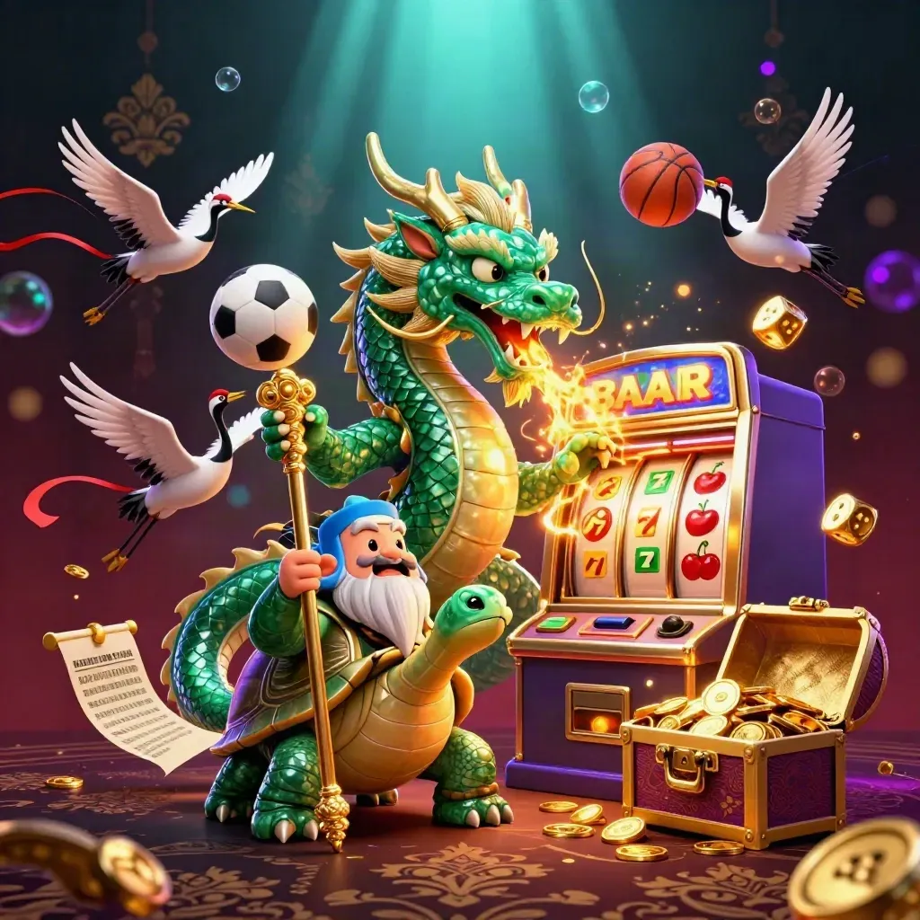Emerald dragon, turtle sage, cranes, slot machine, dice, treasure chest and sports balls in casino glow.