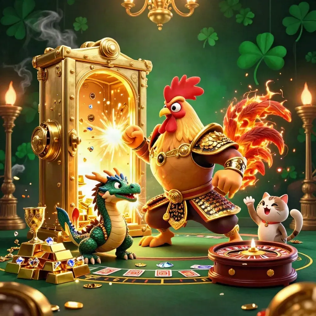 Rooster warrior, dragon hatchling, and fortune-cat in a vault of gold, sparks, and casino luxury.