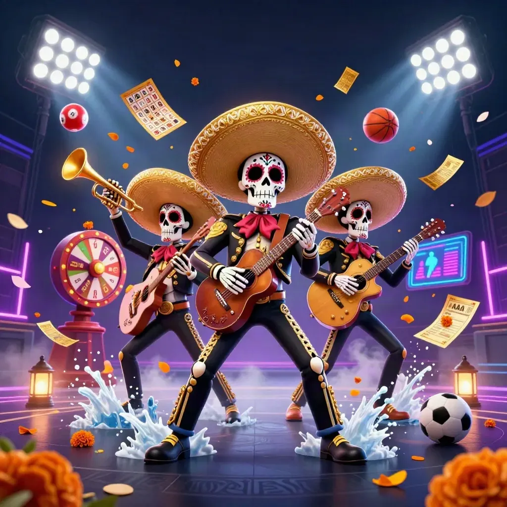 Skeleton mariachi trio in neon casino glow with flying lottery balls, prize wheel and treasure props.