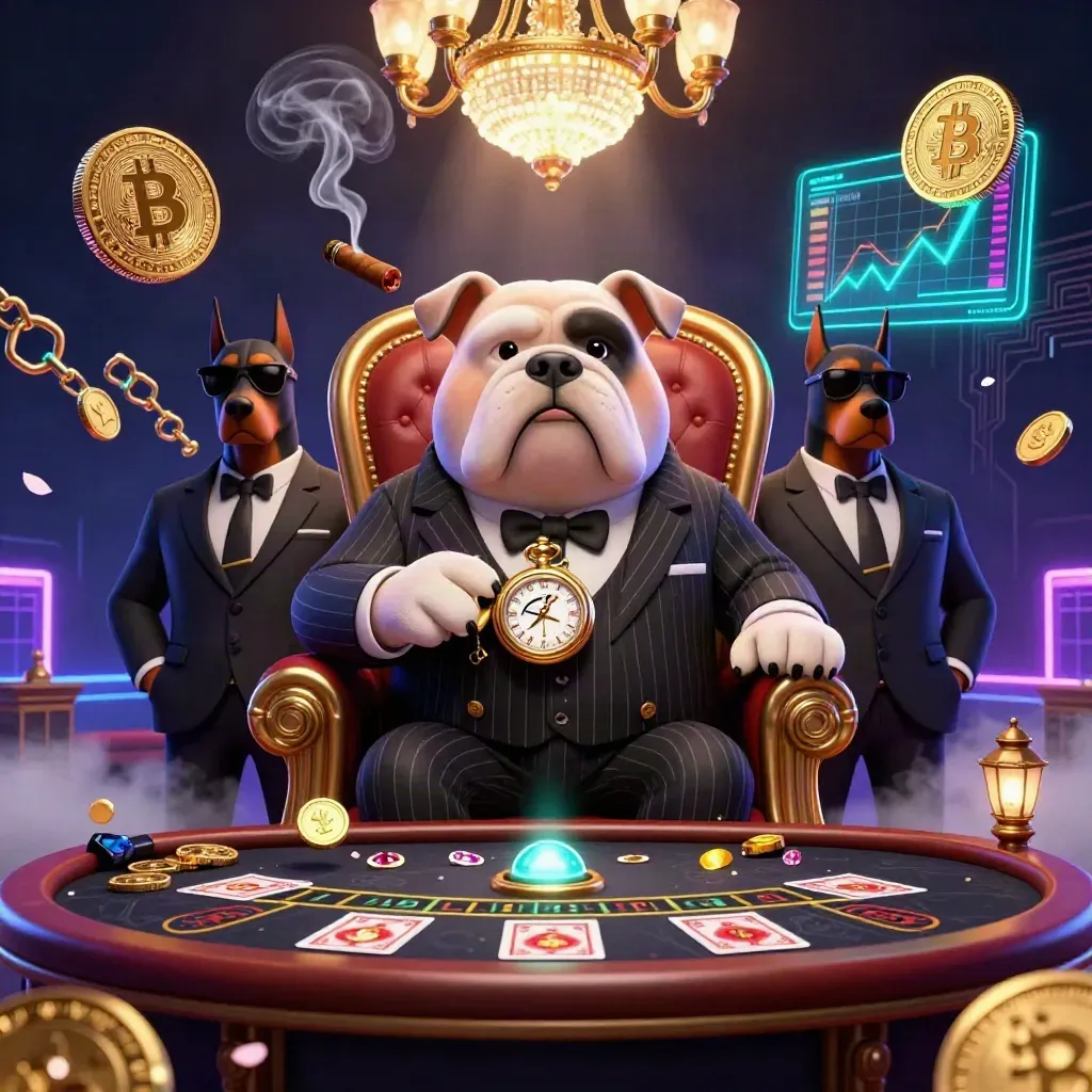 Cartoon bulldog boss with Doberman guards in a neon treasure casino room.