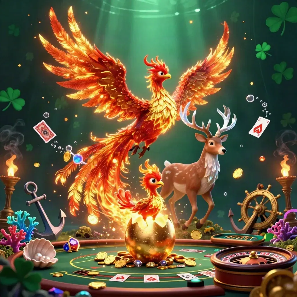 Fire phoenix, hatching chick, crystal stag amid treasure cove casino glow and spinning wheel