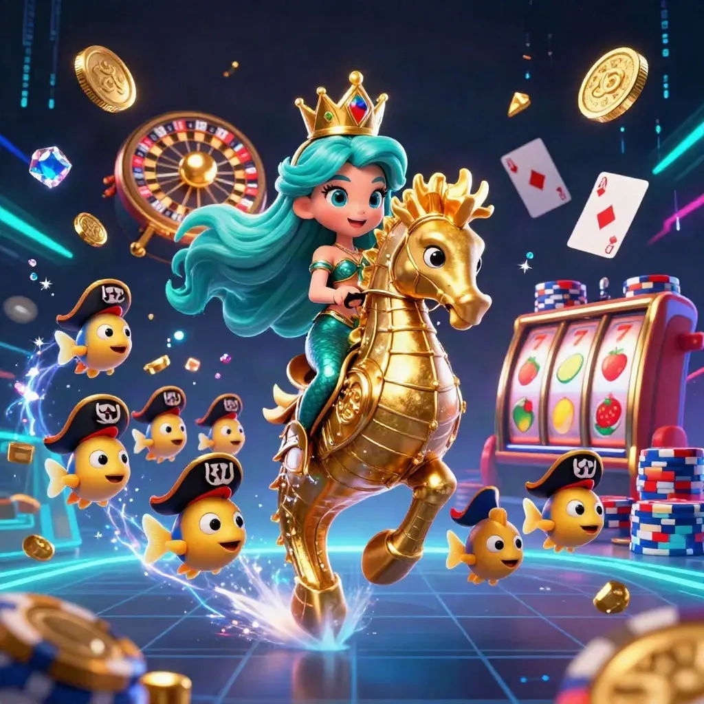 Mermaid princess on armored seahorse amid coins, gems, cards, chips, and neon casino energy.